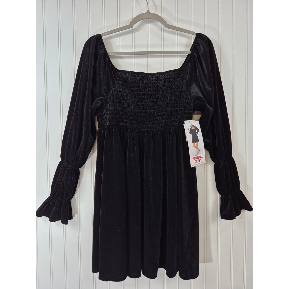 NWT Celebrity Pink Black Velvet Babydoll Mini Dress Smocked Long Sleeve Large